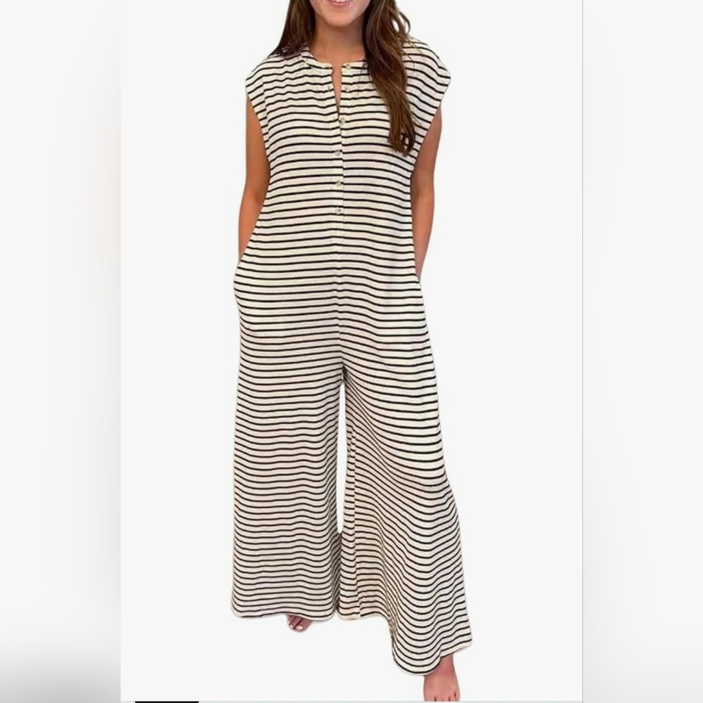 Striped Sleeveless Wide-Leg Jumpsuit in Cream and Blue   B29